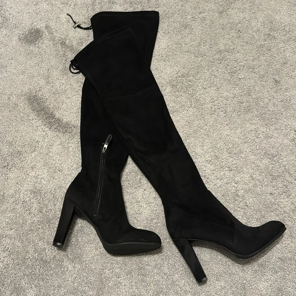 Sam Edelman Kent Faux Suede Thigh High Black Heeled Boots 7